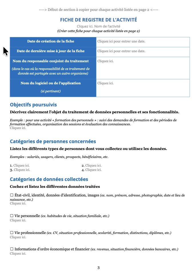 Aperçu de la fiche de registre CNIL — Fiche de registre de l'activité